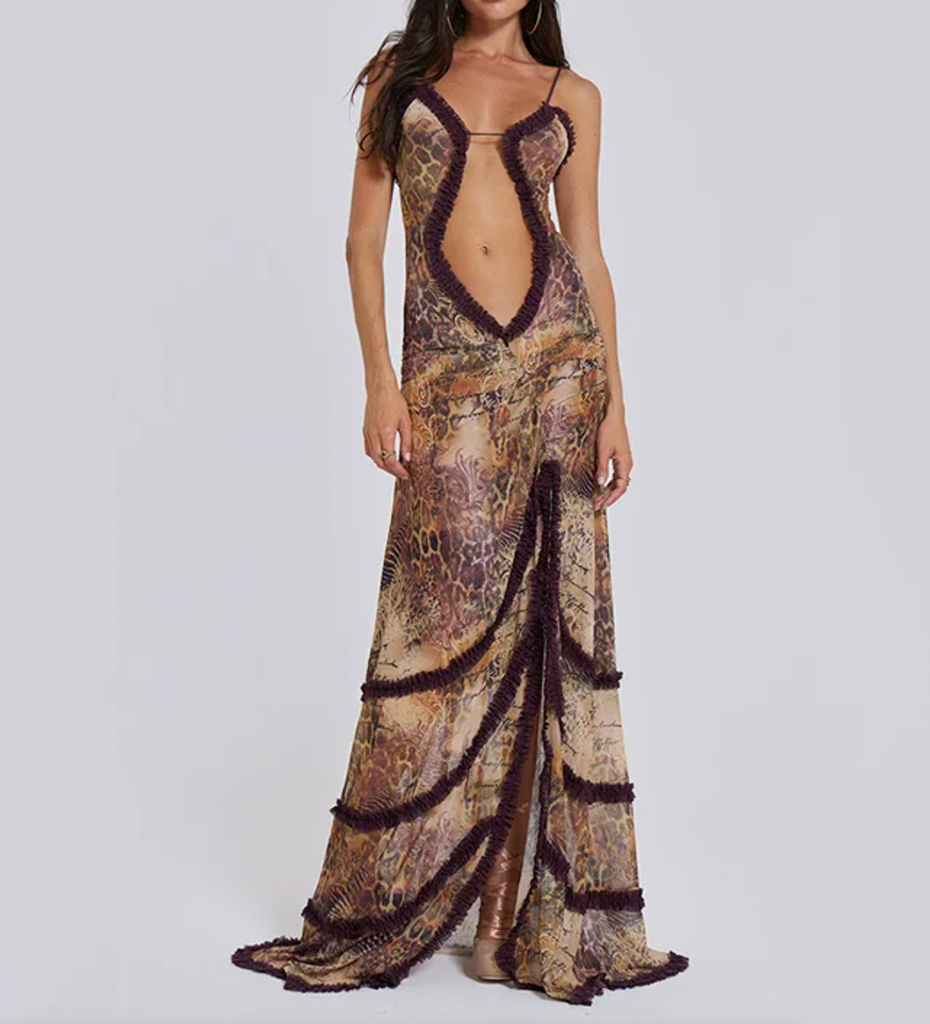 BRIT Y2K RUFFLE MAXI CUTOUT DRESS