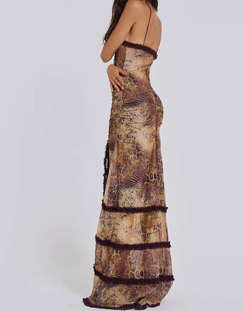 BRIT Y2K RUFFLE MAXI CUTOUT DRESS
