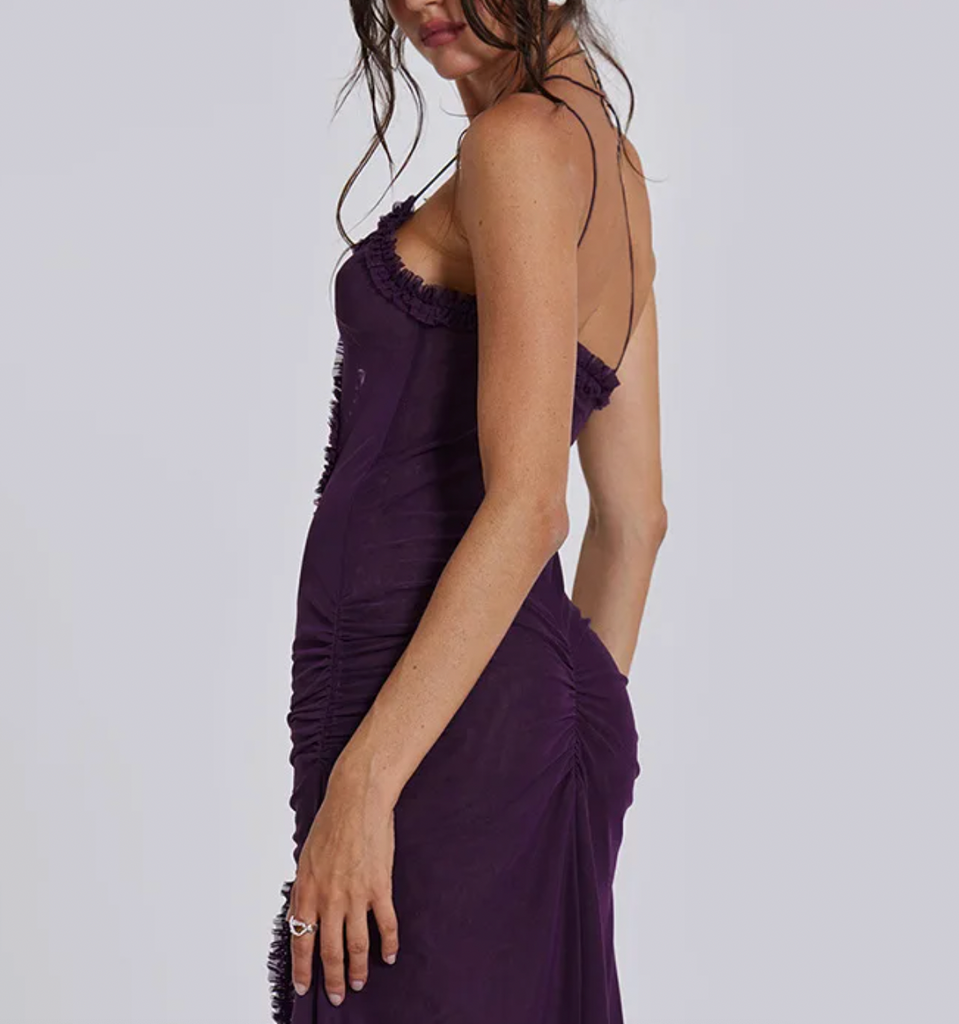 BRIT Y2K RUFFLE MAXI CUTOUT DRESS