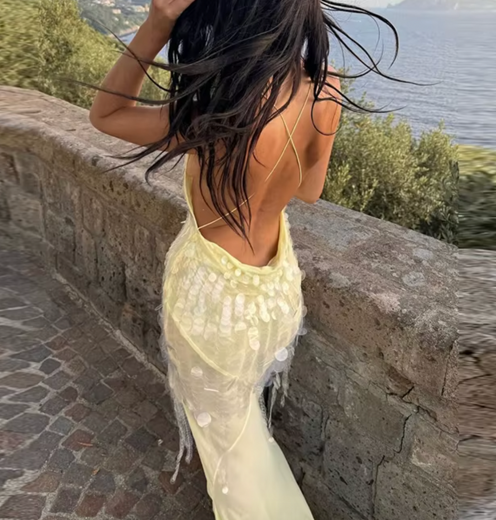 JANA SHEER SEQUIN V NECK DRESS