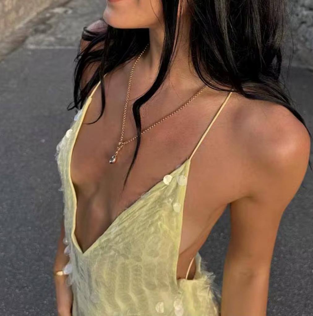 JANA SHEER SEQUIN V NECK DRESS