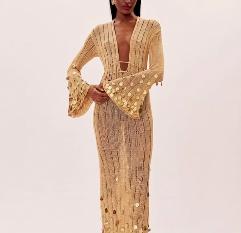 LANIE DEEP V CROCHET SEQUIN DRESS