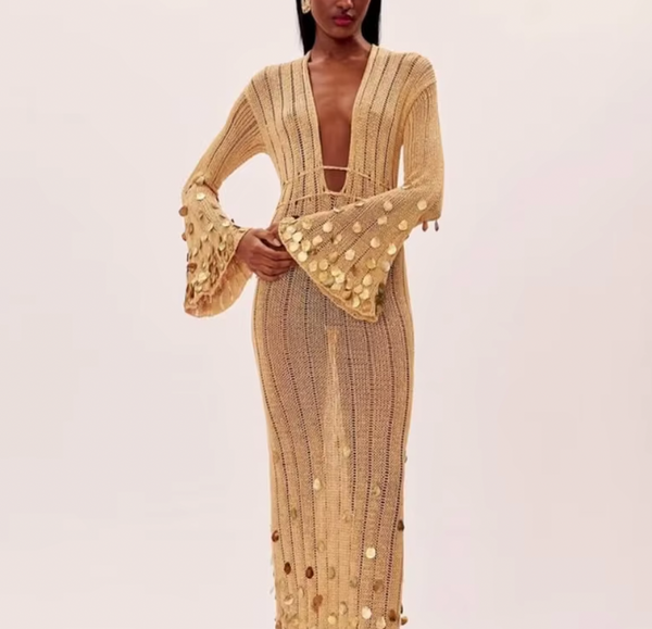 LANIE DEEP V CROCHET SEQUIN DRESS
