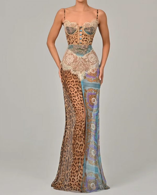 YANA LEOPARD & LACE PRINTED DRESS