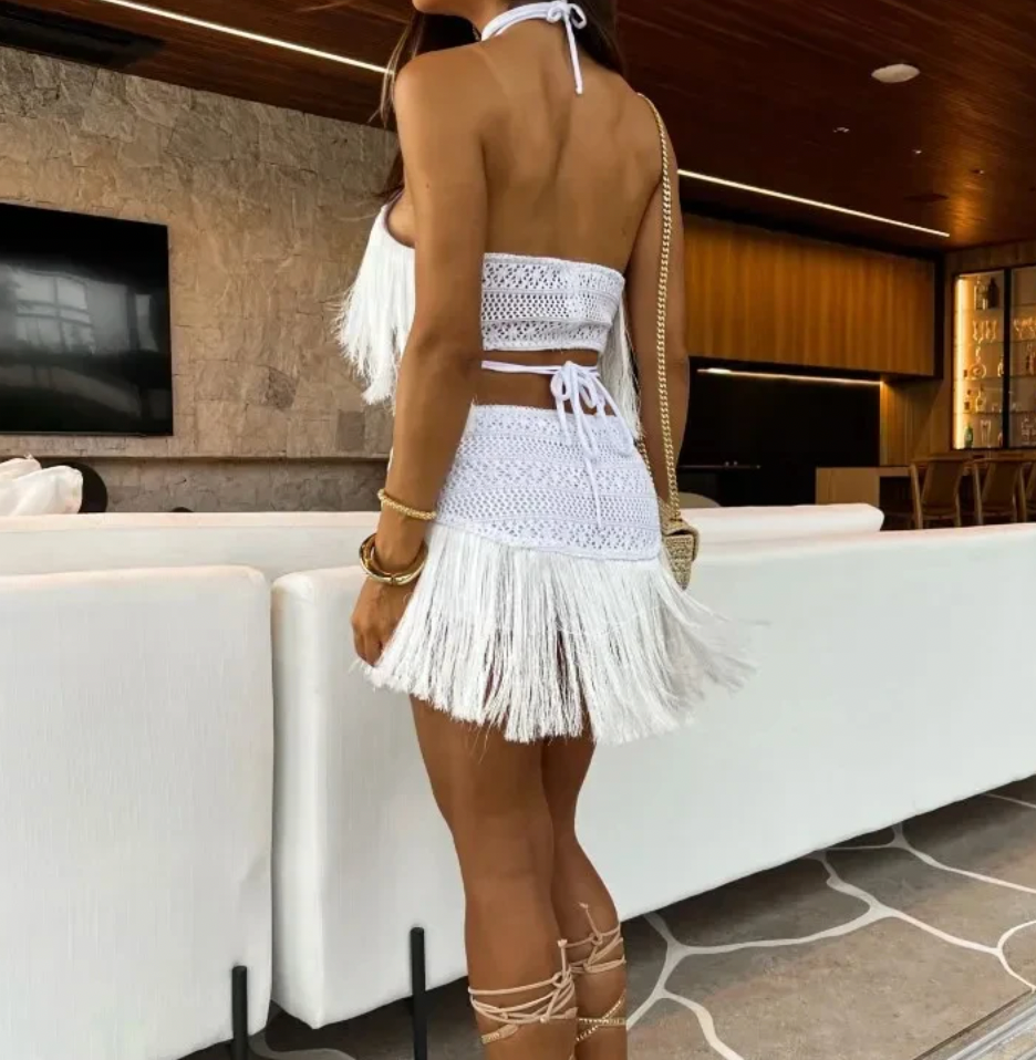 ALYRA TWO PC FRINGE TOP & SKIRT SET