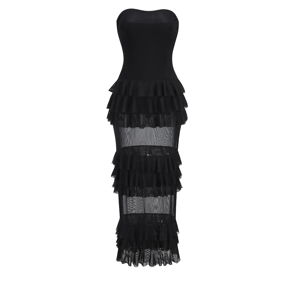 KIMBERLY STRAPLESS MESH RUFFLE DRESS