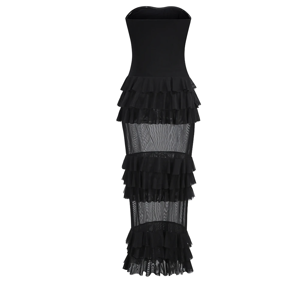 KIMBERLY STRAPLESS MESH RUFFLE DRESS
