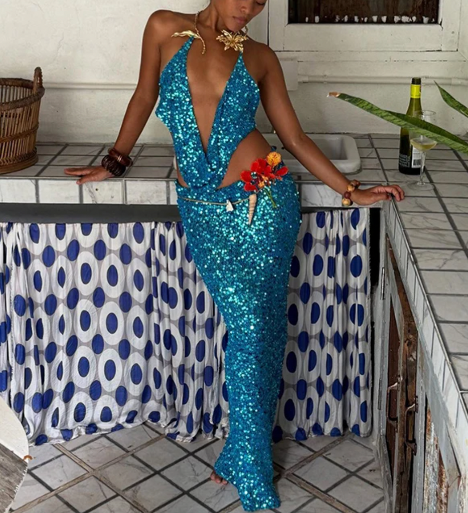 CELINE SEQUIN CROCHET FLOWER TOP & SKIRT