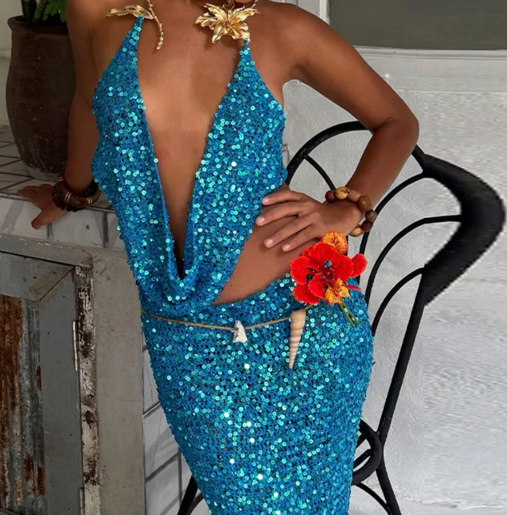 CELINE SEQUIN CROCHET FLOWER TOP & SKIRT