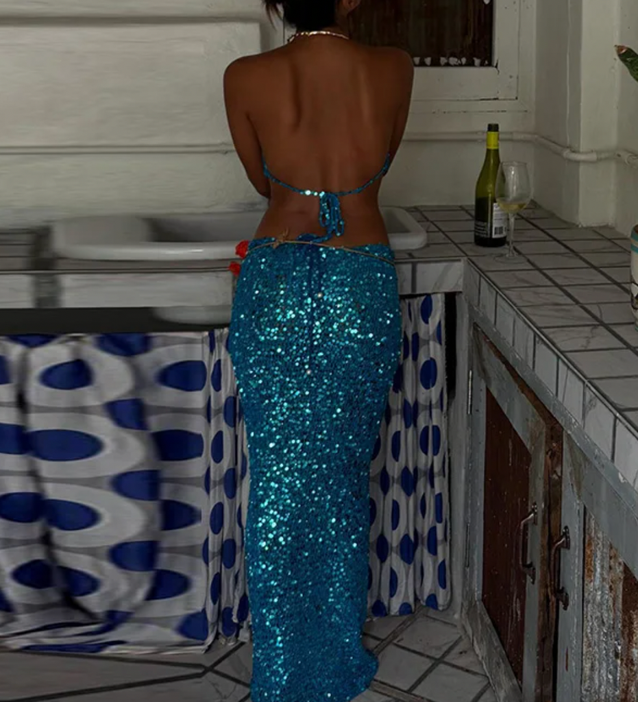 CELINE SEQUIN CROCHET FLOWER TOP & SKIRT