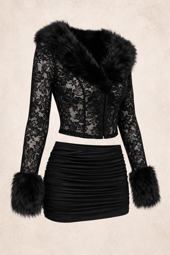 VALENTINA LACE FUR TRIM SKIRT SET