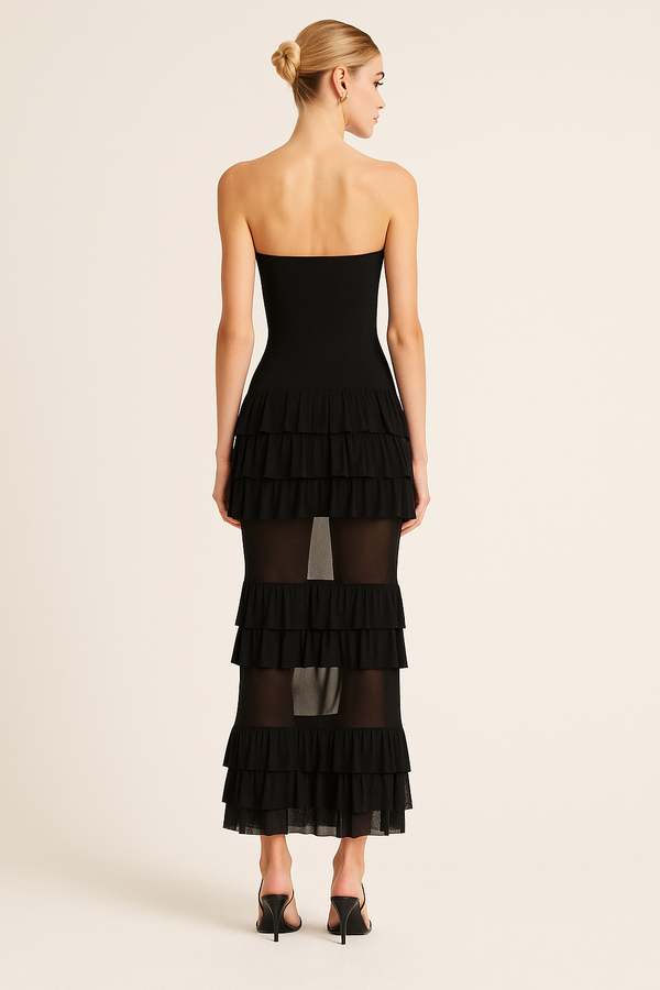KIMBERLY STRAPLESS MESH RUFFLE DRESS