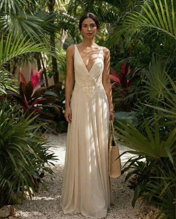 Azura chiffon v neck maxi dress front view flowy ivory chiffon dress