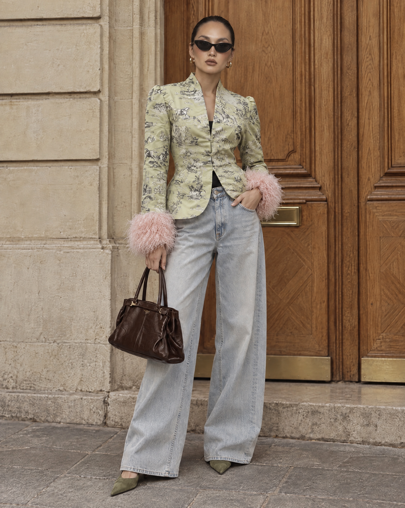 ÉLOISE TOILE JACQUARD FAUX FUR CUFF BLAZER