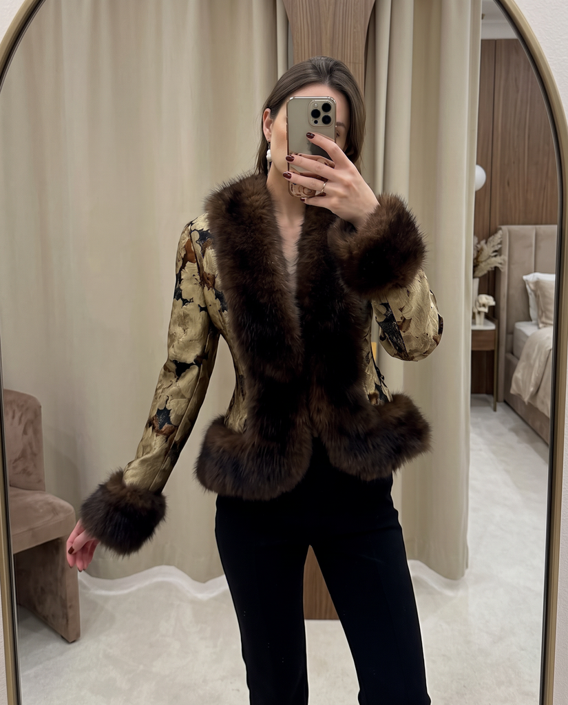 SÉRAPHINE FLORAL JACQUARD FAUX FUR TRIM JACKET