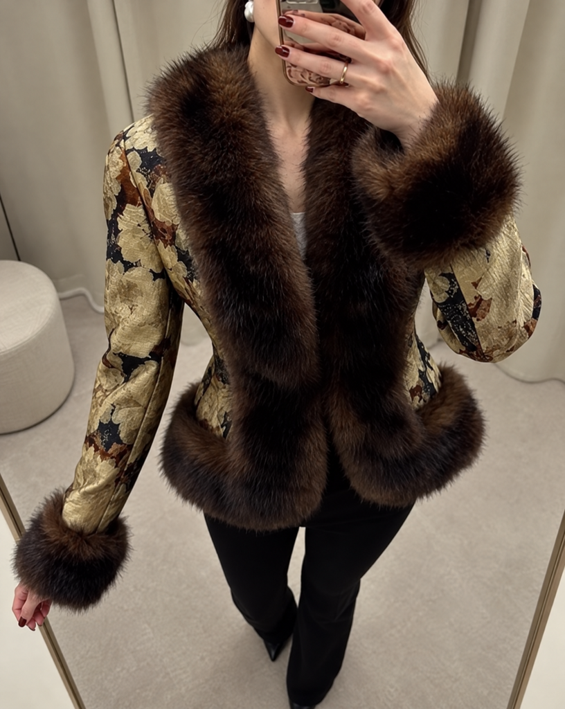 SÉRAPHINE FLORAL JACQUARD FAUX FUR TRIM JACKET