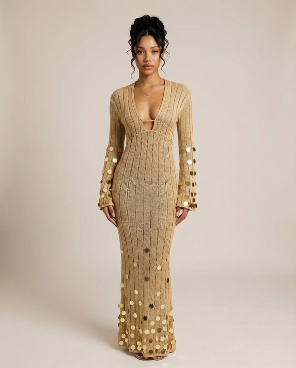 LANIE DEEP V CROCHET SEQUIN DRESS