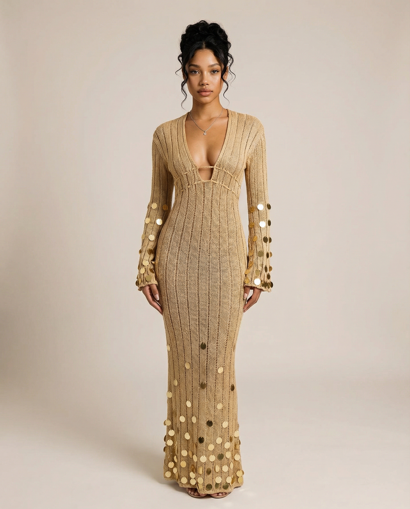LANIE DEEP V CROCHET SEQUIN DRESS