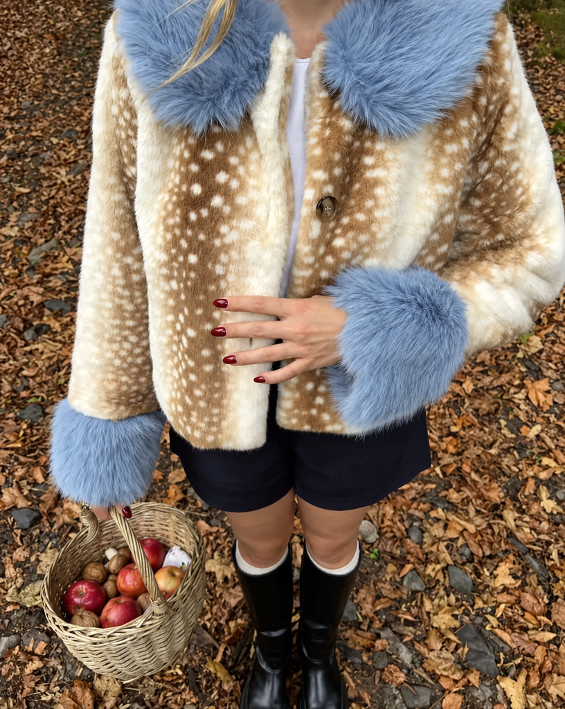 BAMBI FAUX FUR JACKET WITH BLUE FUR TRIM