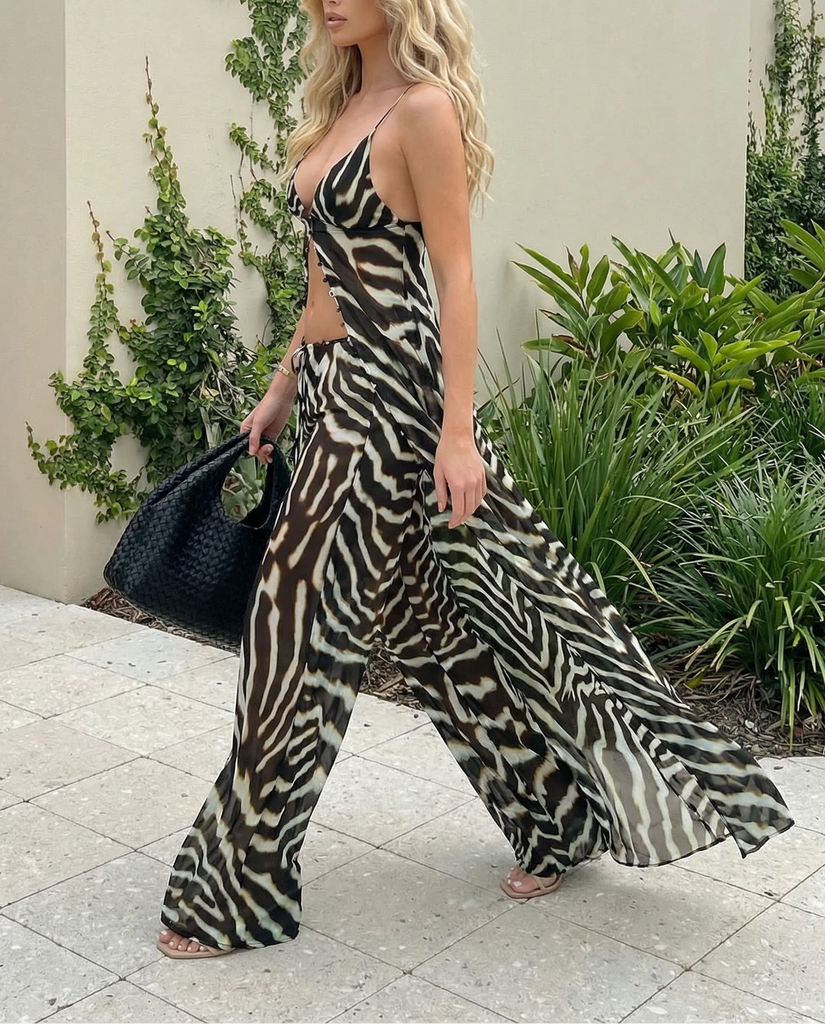 ARIA ZEBRA PRINT CHIFFON TOP AND PANT SET