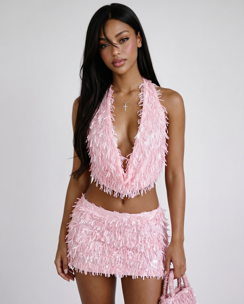 ROSS SEQUIN HALTER TOP & SKIRT SET