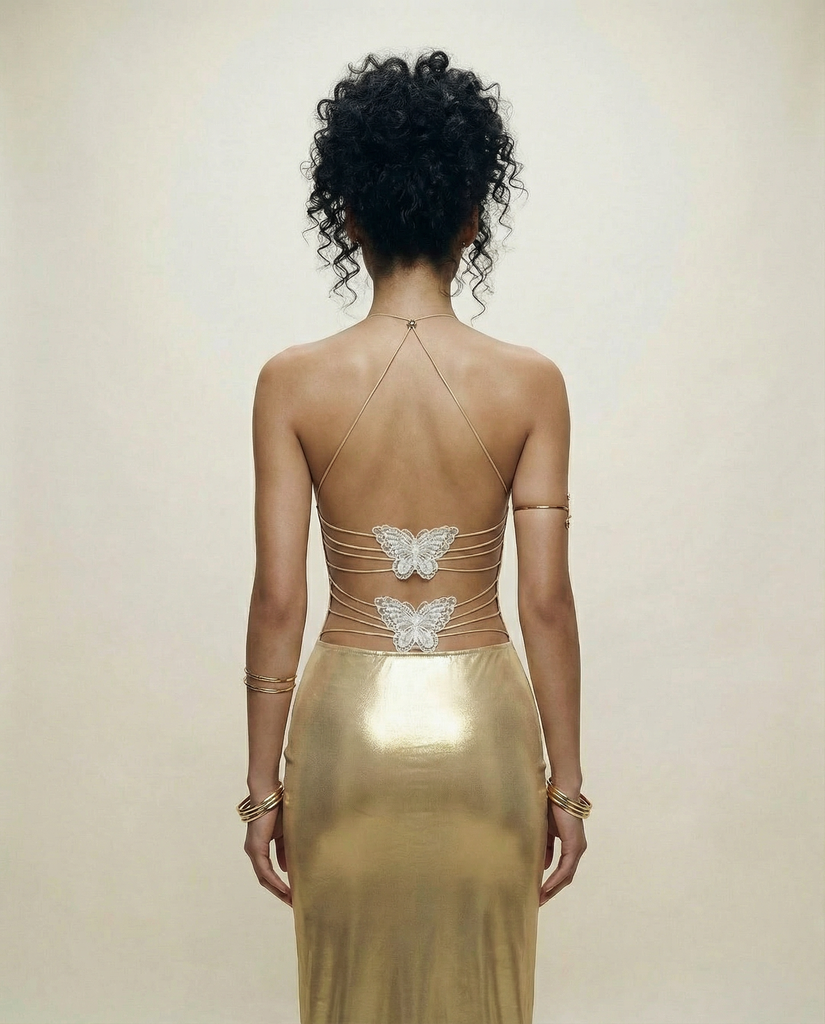 AURELIA BUTTERFLY BACK GOLD MAXI DRESS