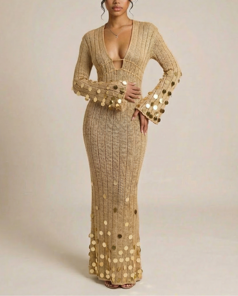 LANIE Deep V Crochet Sequin Maxi Dress | Neo Noir NYC NEO NOIR NYC LANIE Deep V Crochet Sequin Maxi Dress | Neo Noir NYC NEO NOIR NYC