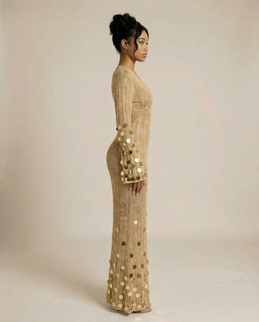 LANIE Deep V Crochet Sequin Maxi Dress