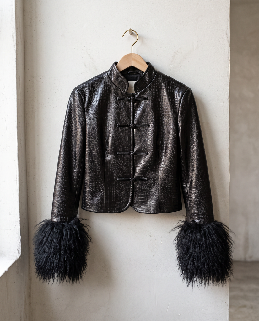 NOIRÉ CROC FAUX LEATHER JACKET WITH FAUX FUR