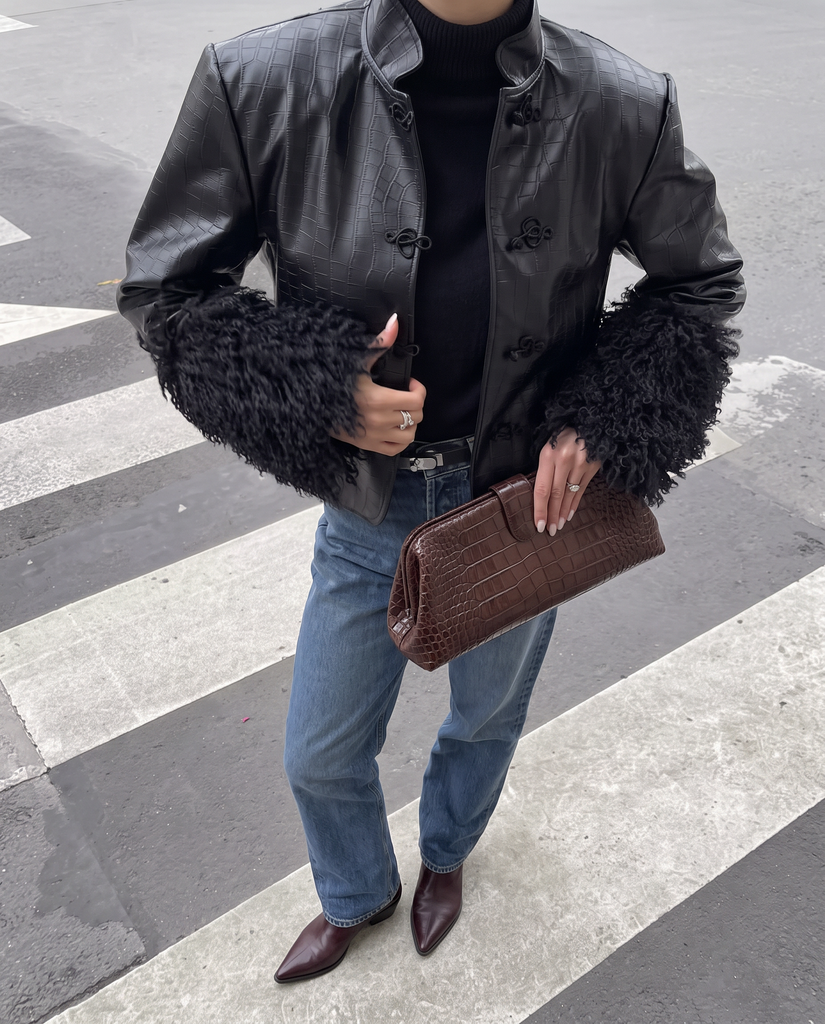 NOIRÉ CROC FAUX LEATHER JACKET WITH FAUX FUR