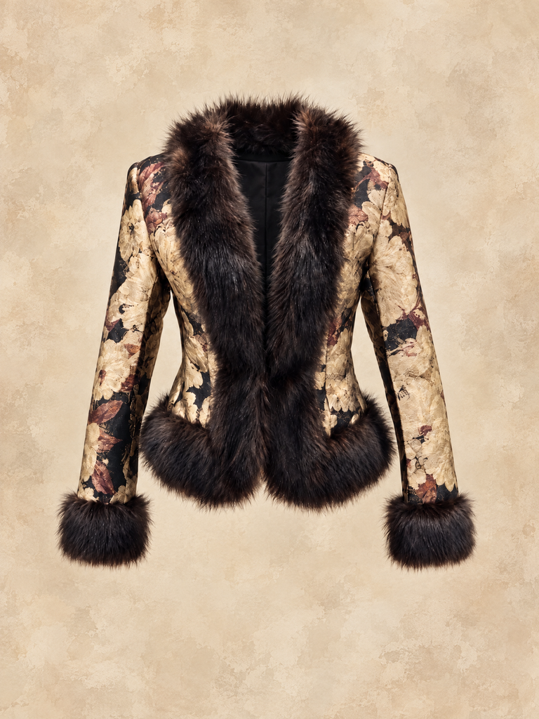 SÉRAPHINE FLORAL JACQUARD FAUX FUR TRIM JACKET