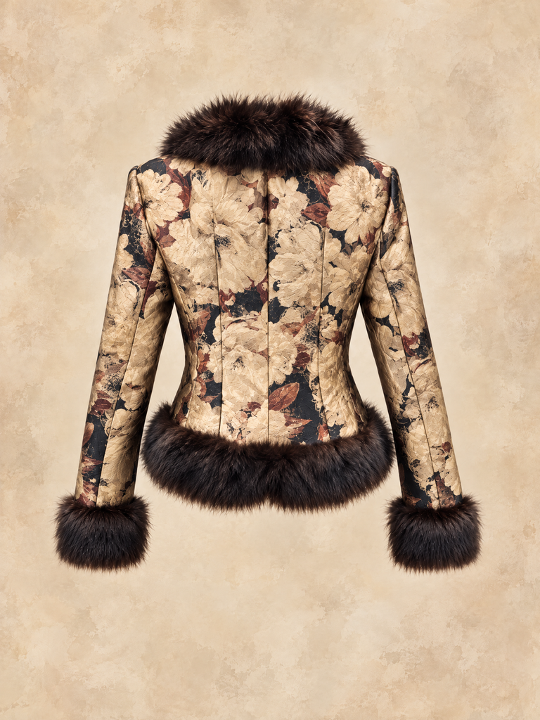 SÉRAPHINE FLORAL JACQUARD FAUX FUR TRIM JACKET
