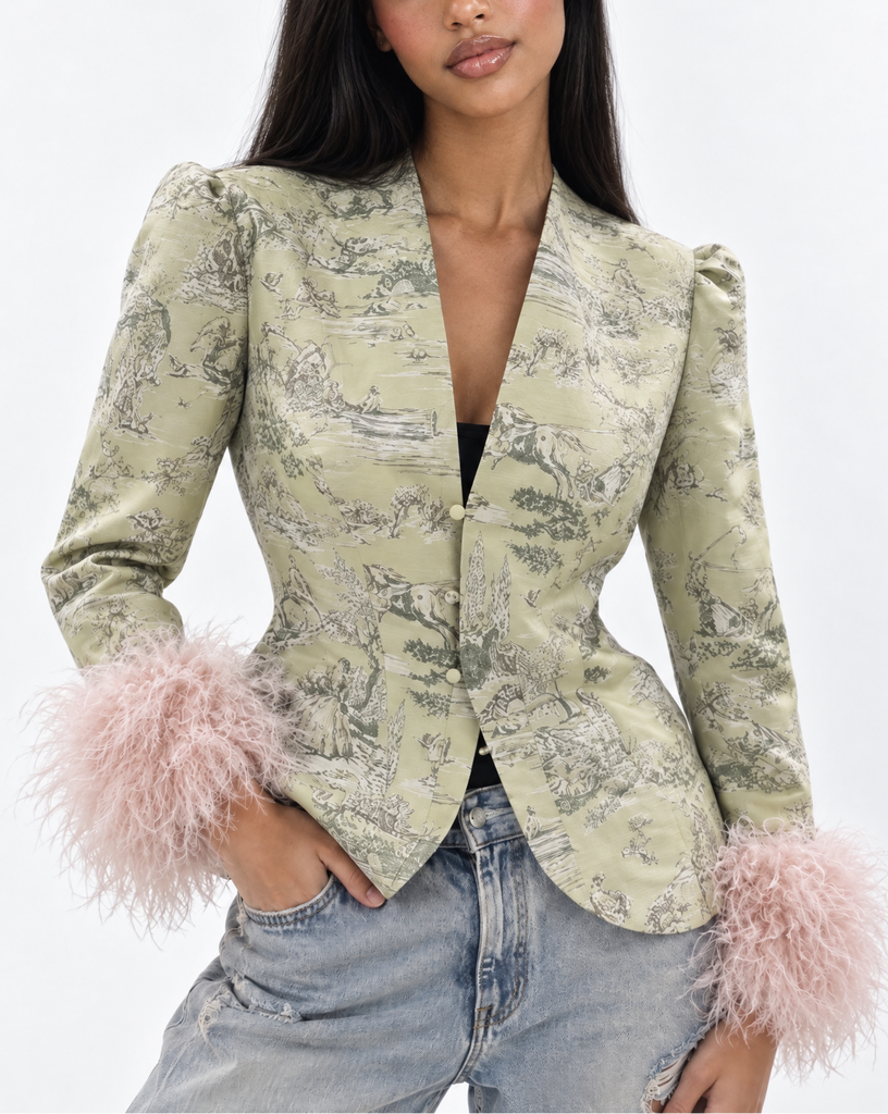 ÉLOISE TOILE JACQUARD FAUX FUR CUFF BLAZER