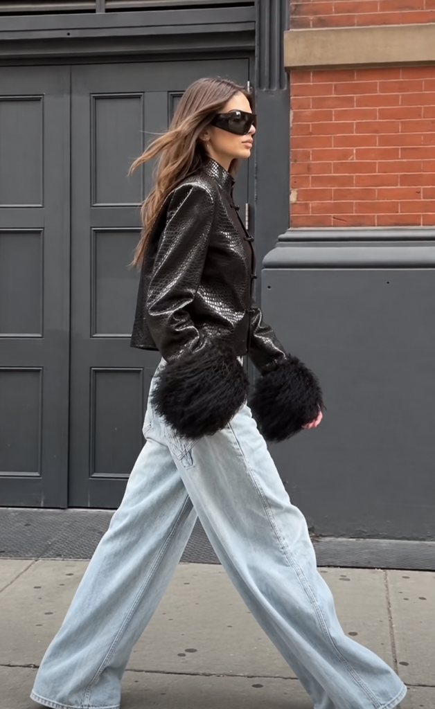 NOIRÉ CROC FAUX LEATHER JACKET WITH FAUX FUR