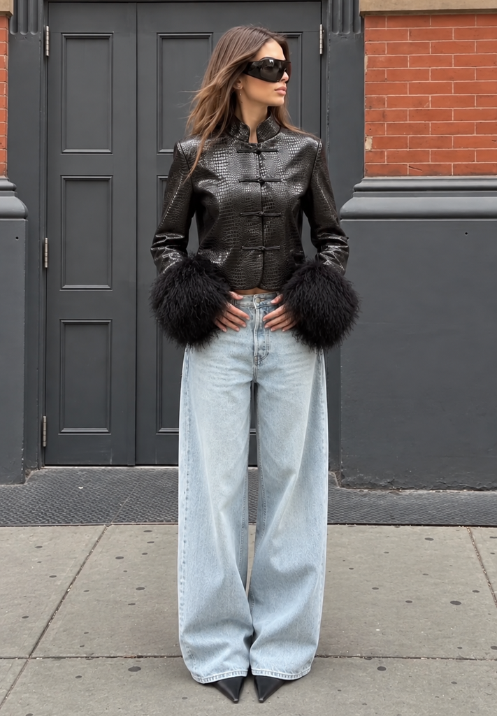 NOIRÉ CROC FAUX LEATHER JACKET WITH FAUX FUR