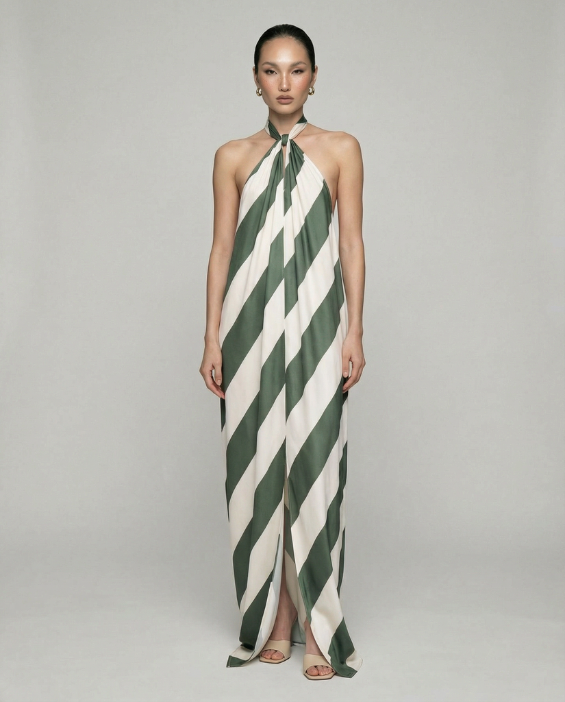 AMALFI HALTER STRIPE MAXI DRESS
