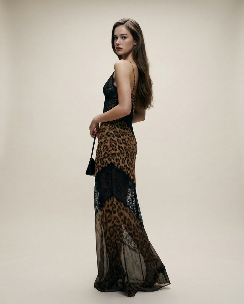 leopard lace maxi dress Mew Mews Chapa Spaghetti Leopard Lace Maxi Dress