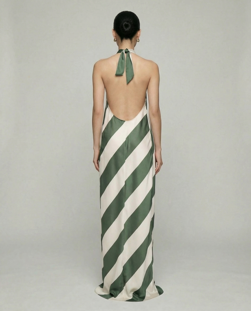 AMALFI HALTER STRIPE MAXI DRESS