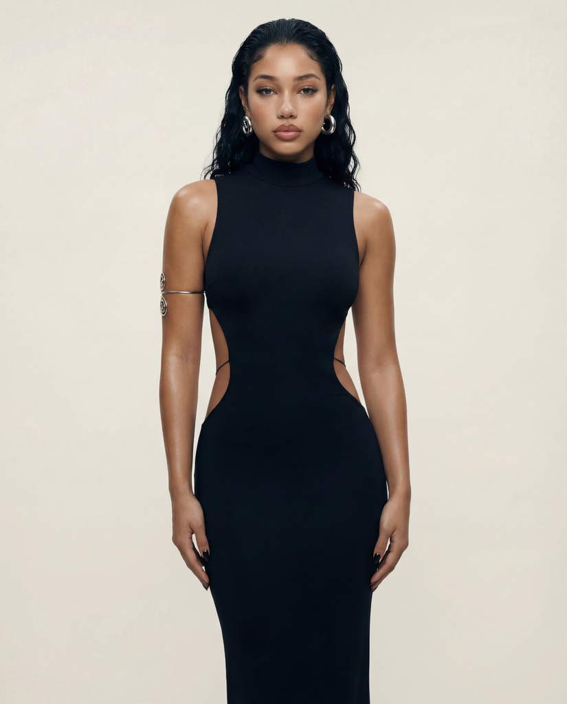 YASMIN MOCKNECK OPEN BACK MIDI DRESS