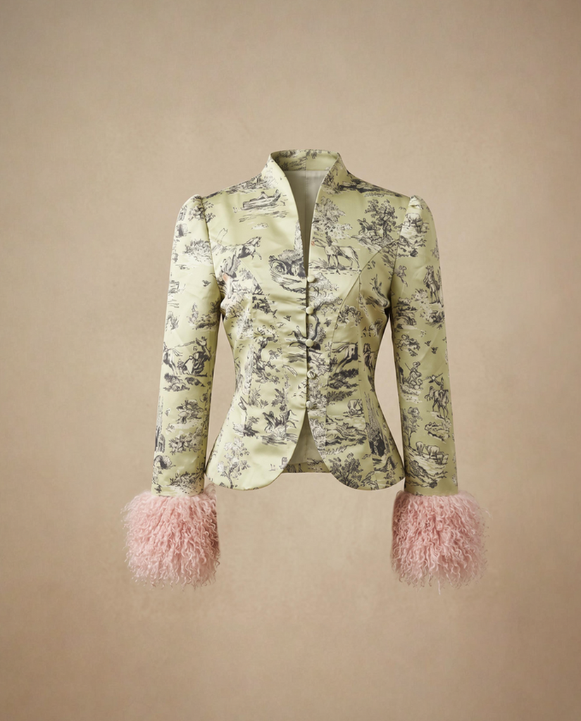 jacquard green jacket with fur cuff