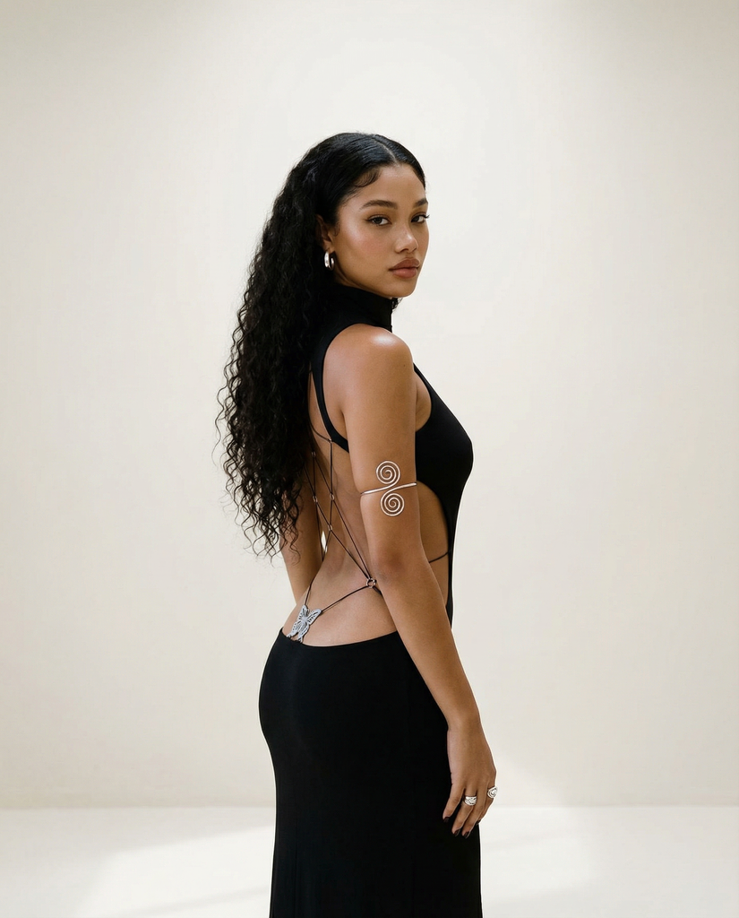 YASMIN MOCKNECK OPEN BACK MIDI DRESS