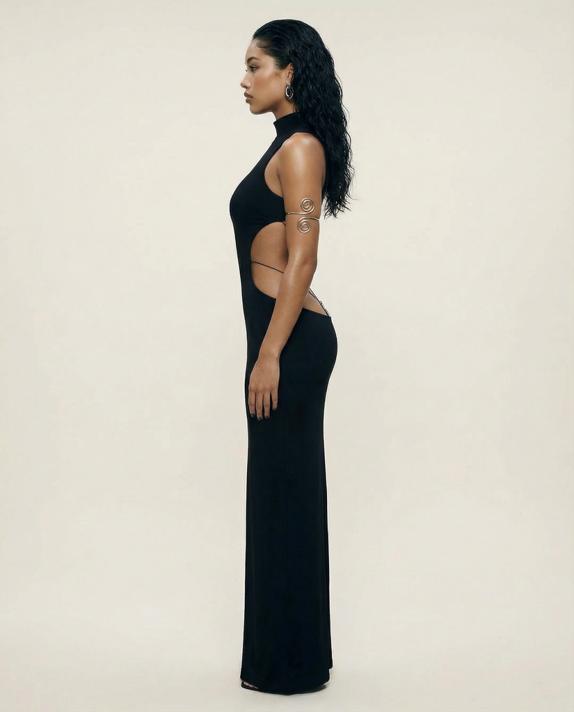 YASMIN MOCKNECK OPEN BACK MIDI DRESS