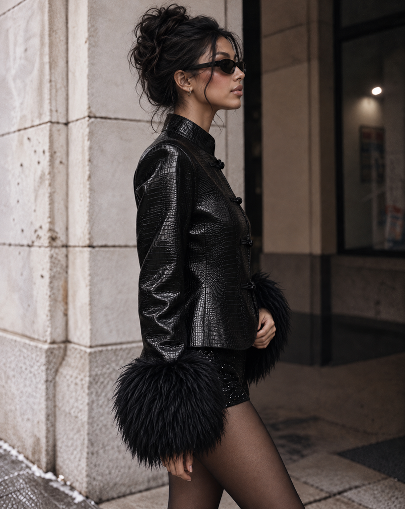 NOIRÉ CROC FAUX LEATHER JACKET WITH FAUX FUR