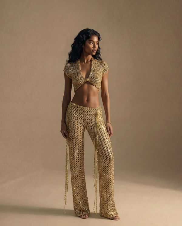 LAYLA 2 PC CROCHET SEQUIN TOP AND PANT SET