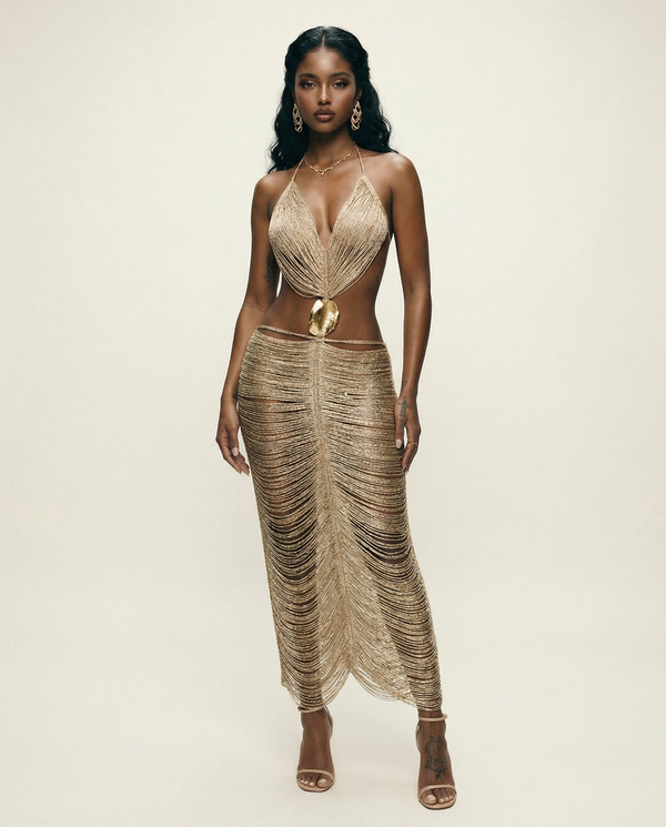 Larissa fringe cutout dress featuring cascading gold fringe, halter neckline, and statement gold hardware centerpiece