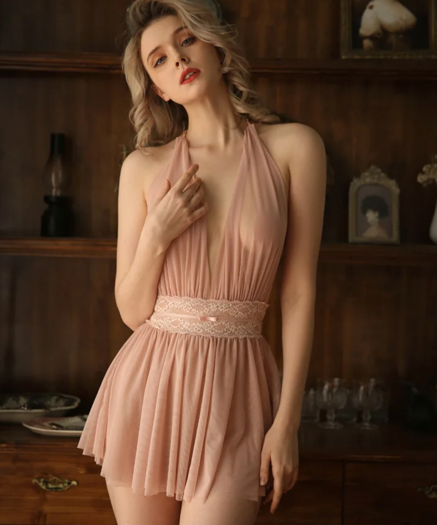 LEILA HALTER MESH ROMANTIC SHEER LINGERIE DRESS