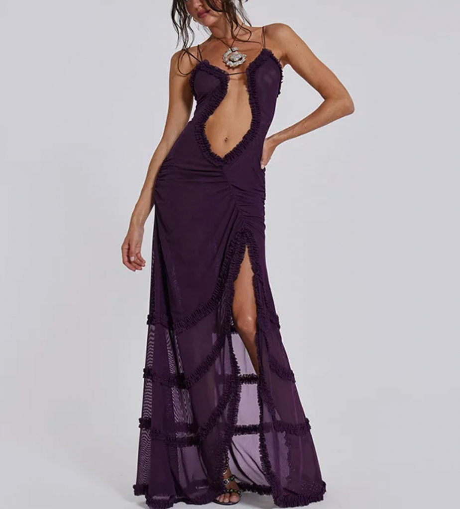 BRIT Y2K RUFFLE MAXI CUTOUT DRESS