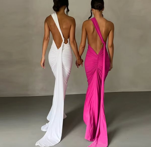 TRES LOW V BACK ONE SHOULDER GOWN