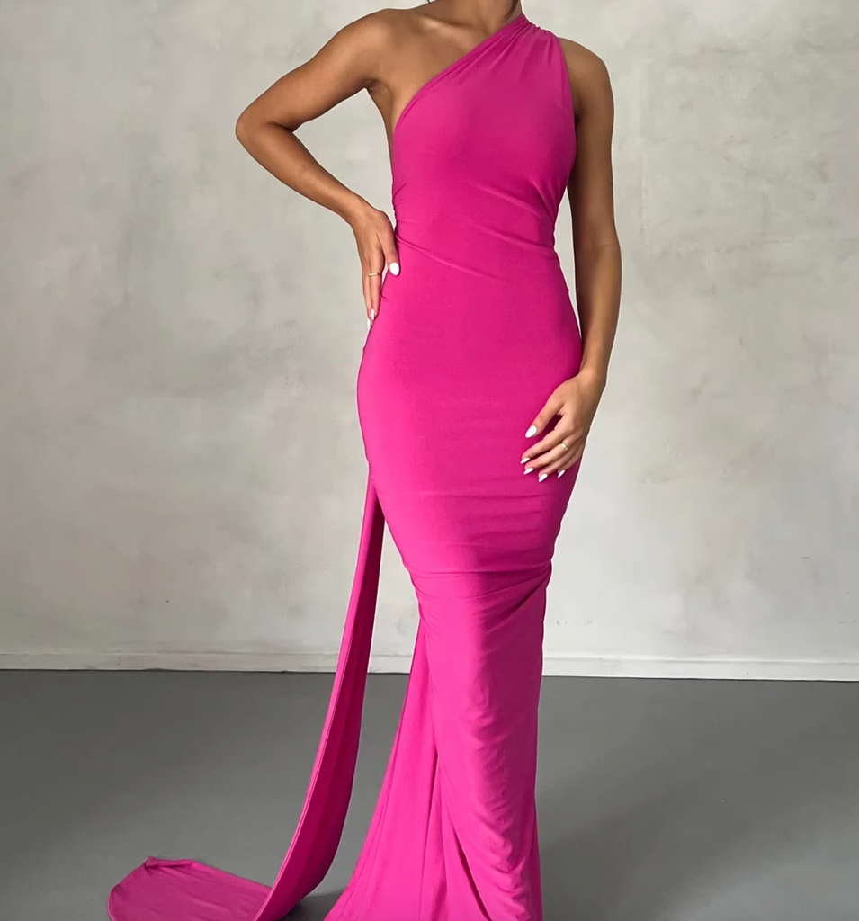 TRES LOW V BACK ONE SHOULDER GOWN