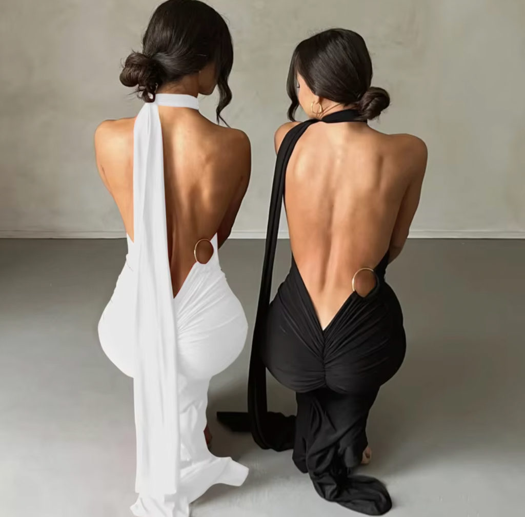 TRES LOW V BACK ONE SHOULDER GOWN